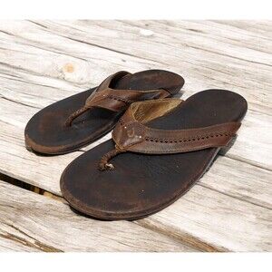 OluKai Mea Ola Men's Size 15 Leather FLip Flop Sandals Brown Arch Support